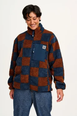 Lucy & Yak Harper - Fleece Jacket in Brown & Blue Chester Check Print Sale