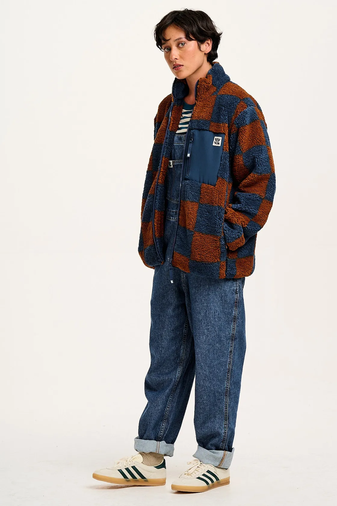 Lucy & Yak Harper - Fleece Jacket in Brown & Blue Chester Check Print Sale