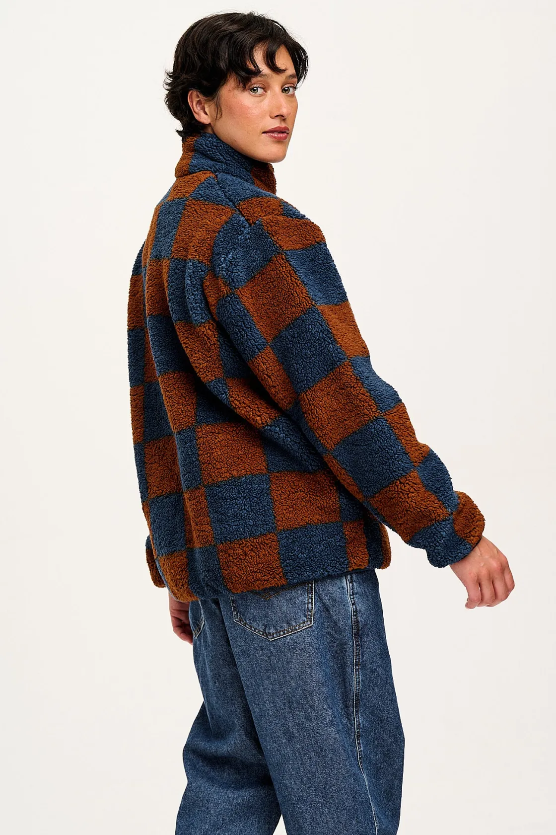 Lucy & Yak Harper - Fleece Jacket in Brown & Blue Chester Check Print Sale