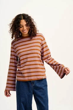 Lucy & Yak Hermione - Fluted Cotton Top in Lilac & Brown Stripe Fashion