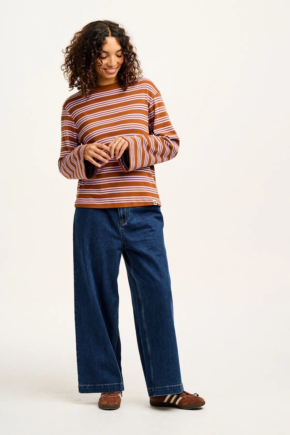Lucy & Yak Hermione - Fluted Cotton Top in Lilac & Brown Stripe Fashion