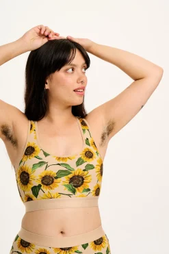 Lucy & Yak Iona - Racer Back Cotton & Bamboo Crop Top in Cream Sunflower Print Outlet