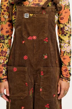 Lucy & Yak Jenny - Wide Leg Corduroy Dungarees with Cocoa Bella Embroidery Sale