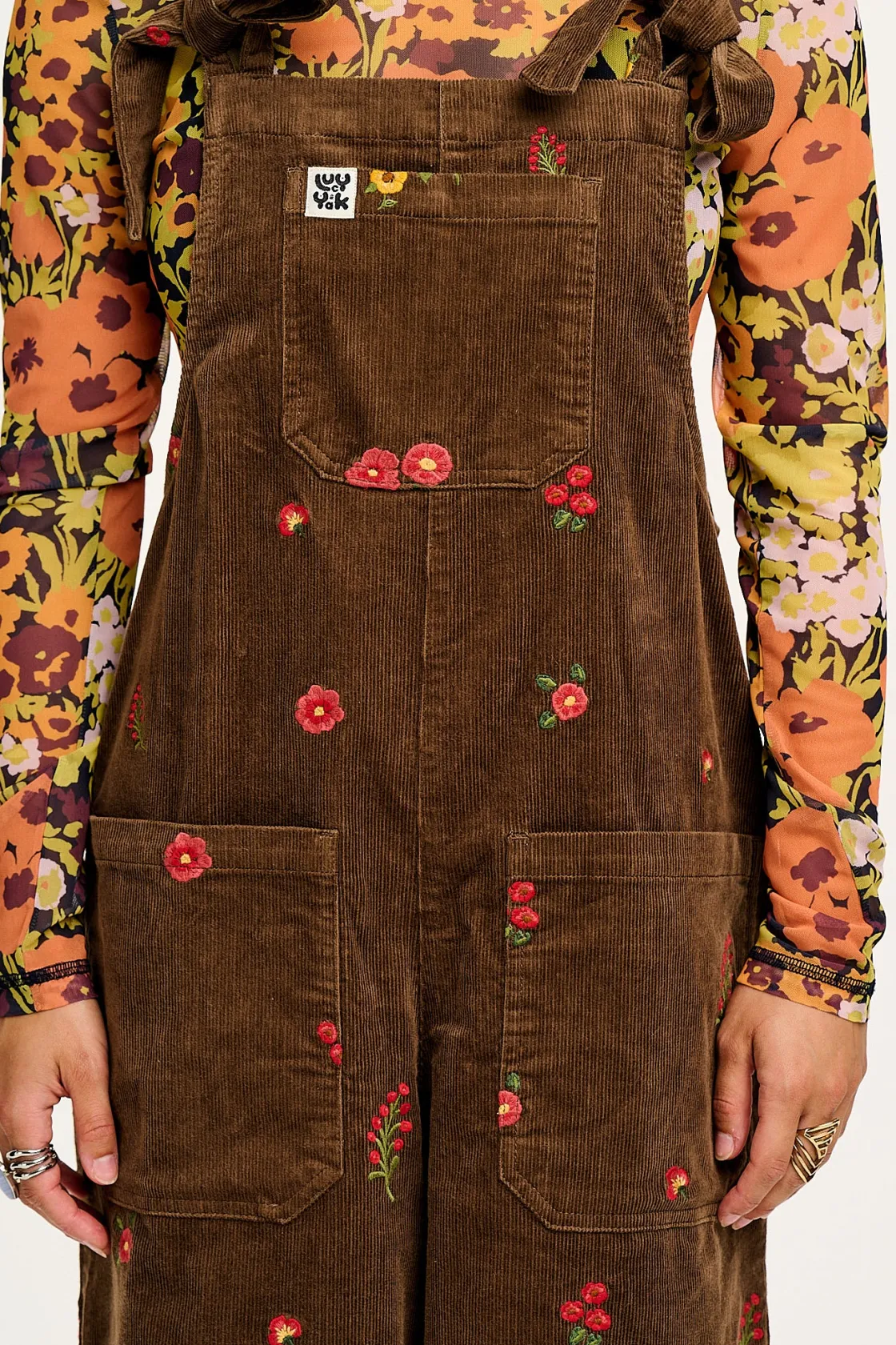 Lucy & Yak Jenny - Wide Leg Corduroy Dungarees with Cocoa Bella Embroidery Sale