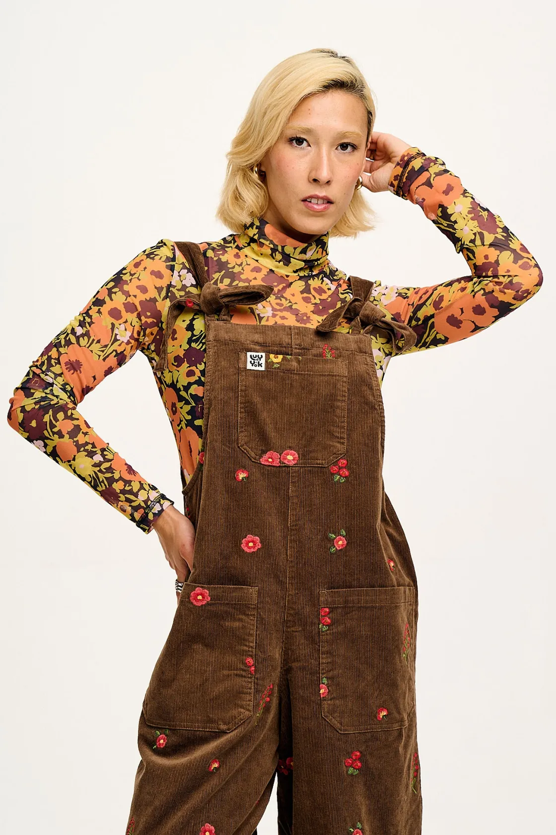 Lucy & Yak Jenny - Wide Leg Corduroy Dungarees with Cocoa Bella Embroidery Sale