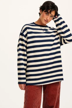Lucy & Yak Kai - Midweight Cosy Loop Back Cotton Sweatshirt in Navy & Ecru Discount