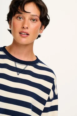 Lucy & Yak Kai - Midweight Cosy Loop Back Cotton Sweatshirt in Navy & Ecru Discount