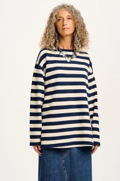 Lucy & Yak Kai - Midweight Cosy Loop Back Cotton Sweatshirt in Navy & Ecru Discount