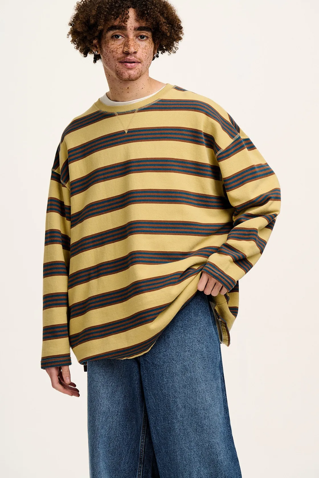 Lucy & Yak Kai - Midweight Cosy Loop Back Cotton Sweatshirt in Brown & Blue Skater Stripe Discount