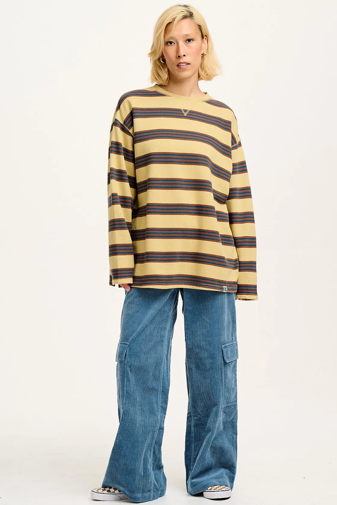 Lucy & Yak Kai - Midweight Cosy Loop Back Cotton Sweatshirt in Brown & Blue Skater Stripe Discount