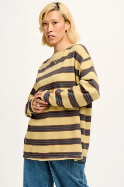 Lucy & Yak Kai - Midweight Cosy Loop Back Cotton Sweatshirt in Brown & Blue Skater Stripe Discount