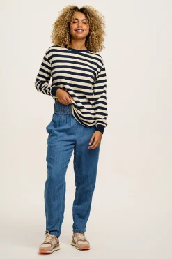 Lucy & Yak Kenny - Long Sleeve Skater Cotton Tee in Navy & Ecru Stripe Best