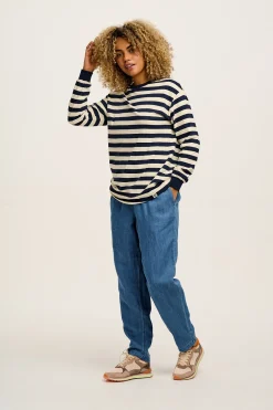 Lucy & Yak Kenny - Long Sleeve Skater Cotton Tee in Navy & Ecru Stripe Best