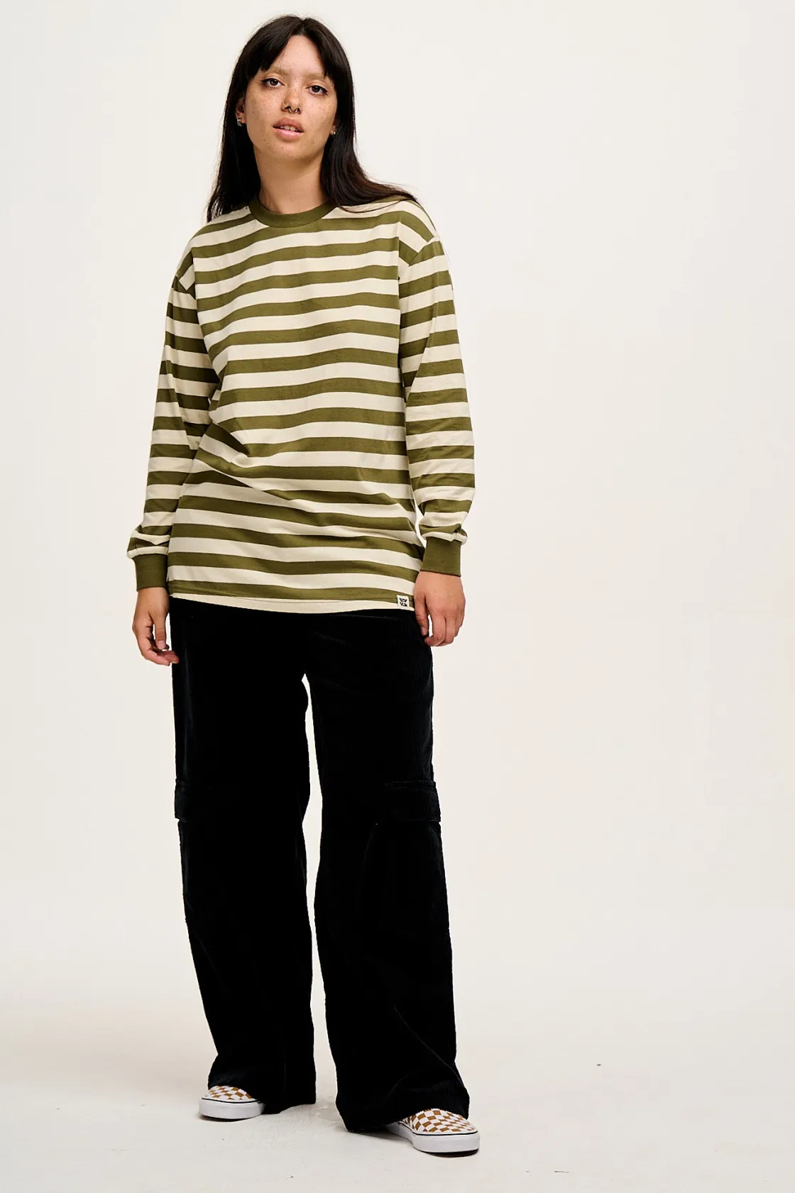 Lucy & Yak Kenny - Long Sleeve Skater Cotton Tee in Green & Ecru Stripe Fashion