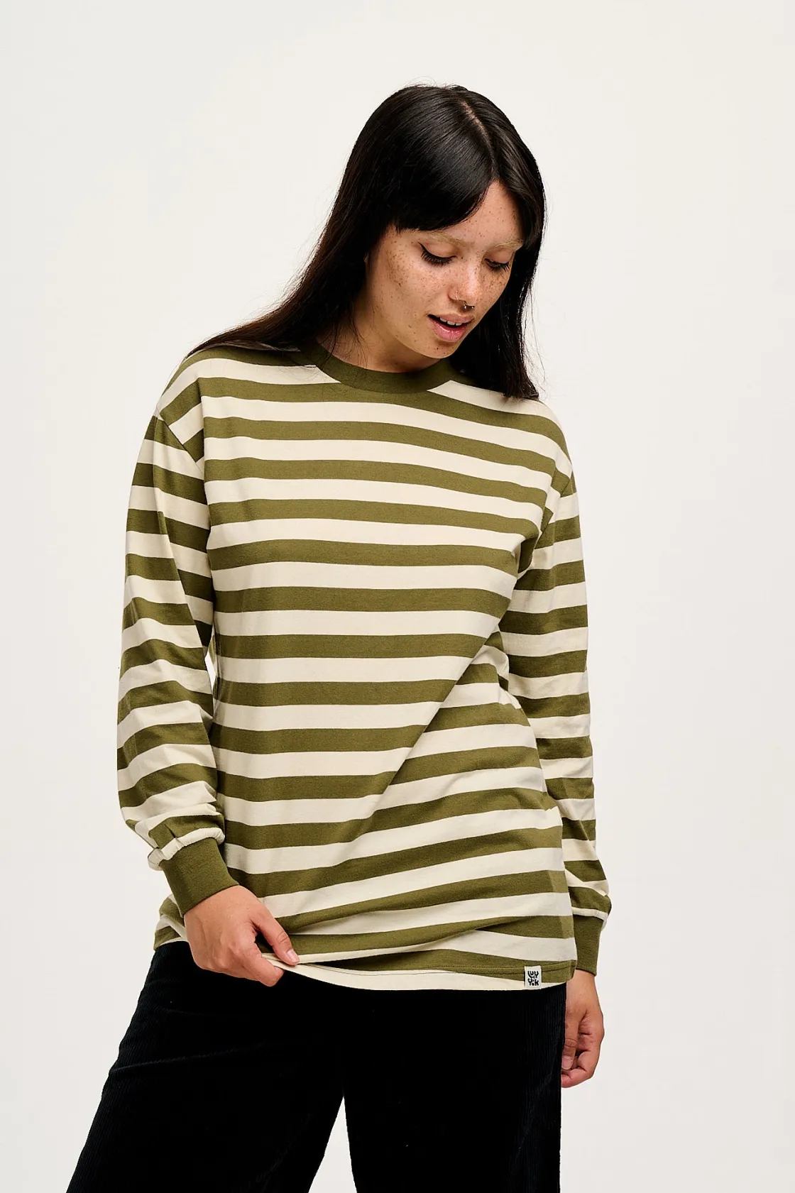Lucy & Yak Kenny - Long Sleeve Skater Cotton Tee in Green & Ecru Stripe Fashion