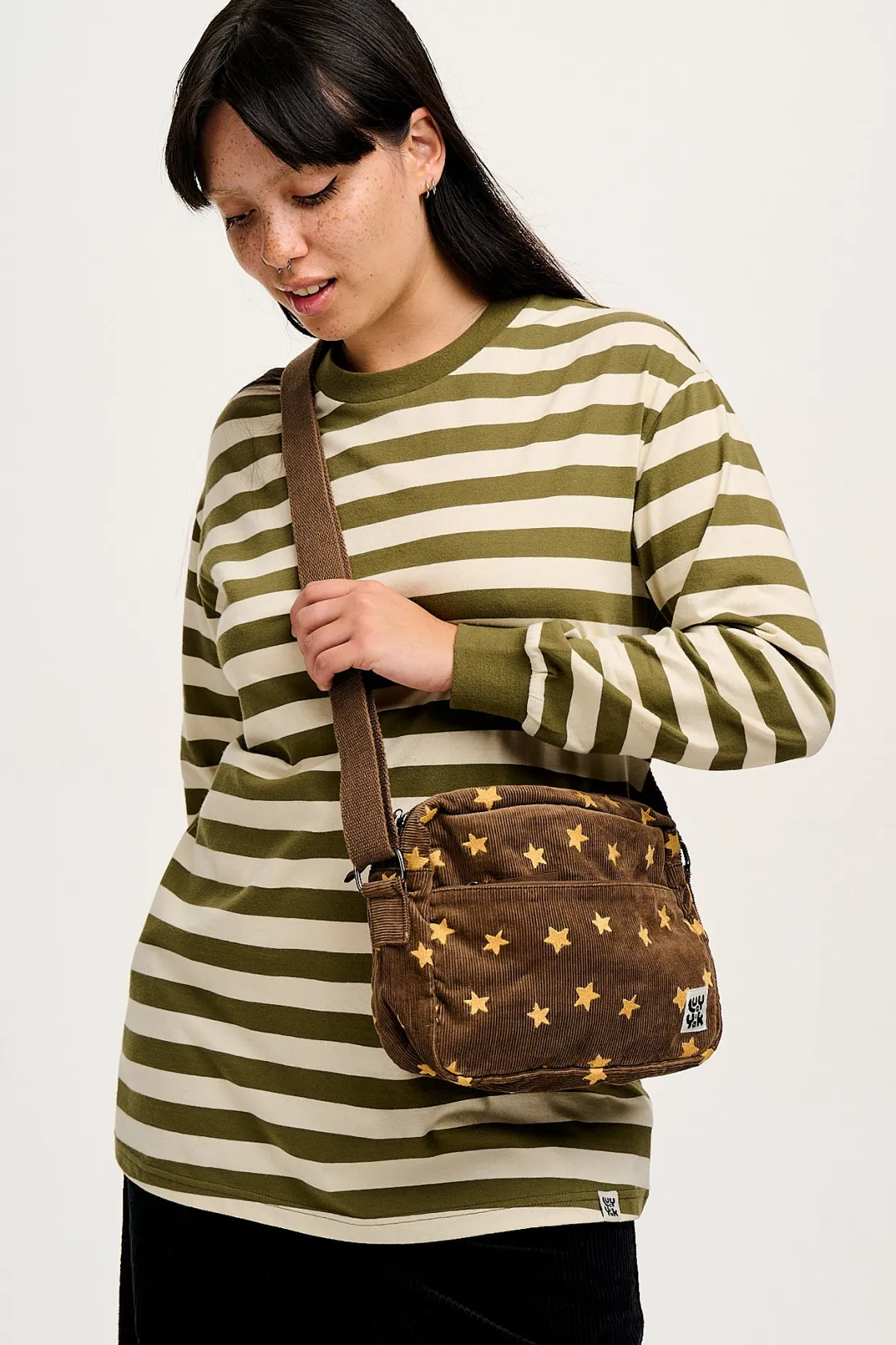 Lucy & Yak Kenny - Long Sleeve Skater Cotton Tee in Green & Ecru Stripe Fashion
