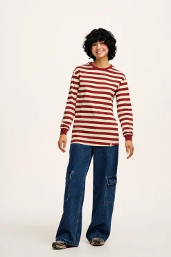 Lucy & Yak Kenny - Long Sleeve Skater Cotton Tee in Maroon & Ecru Stripe Fashion
