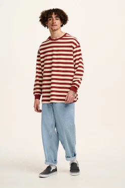 Lucy & Yak Kenny - Long Sleeve Skater Cotton Tee in Maroon & Ecru Stripe Fashion