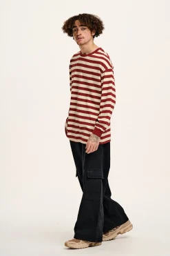 Lucy & Yak Kenny - Long Sleeve Skater Cotton Tee in Maroon & Ecru Stripe Fashion