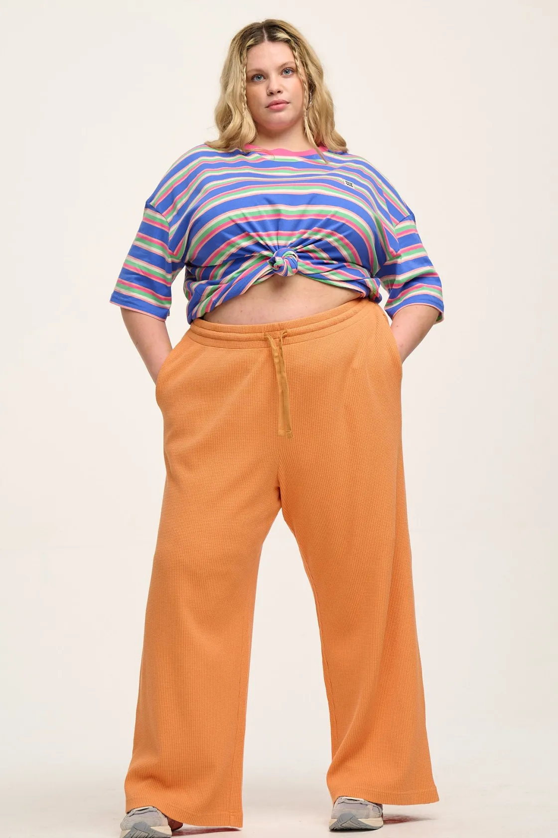 Lucy & Yak Larson - Wide Leg Waffle Cotton Joggers in Sunset Orange Sale