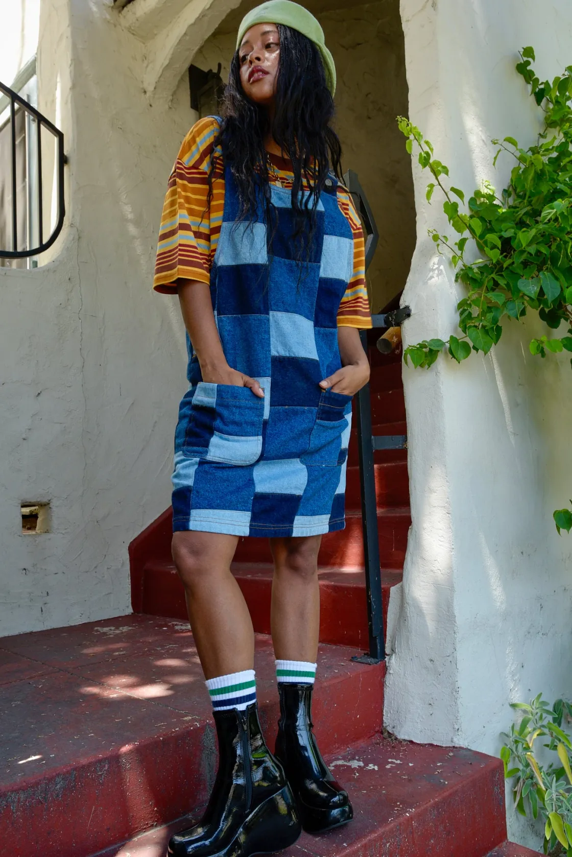 Lucy & Yak Layla - Mini Denim Dress in Paige Patchwork Print Sale