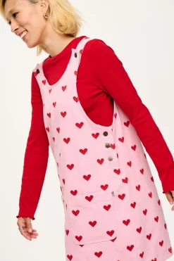 Lucy & Yak Layla - Mini Denim Dress in Pink Heart Juliet Print Clearance