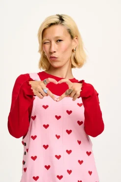 Lucy & Yak Layla - Mini Denim Dress in Pink Heart Juliet Print Clearance