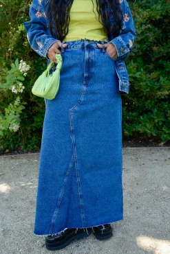 Lucy & Yak Liv - Maxi Denim Skirt in Mid Wash Blue Hot