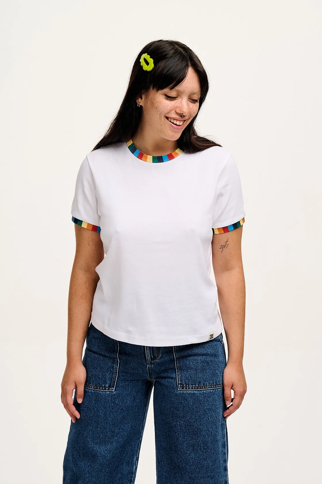 Lucy & Yak Maya - Cotton Tee in White Rainbow Print Fashion