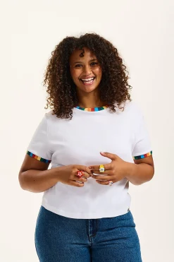 Lucy & Yak Maya - Cotton Tee in White Rainbow Print Fashion