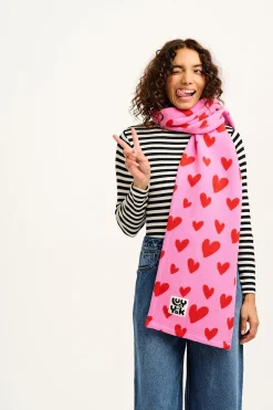 Lucy & Yak Ola - Polar Fleece Scarf in Pink Heart Cupid Print New