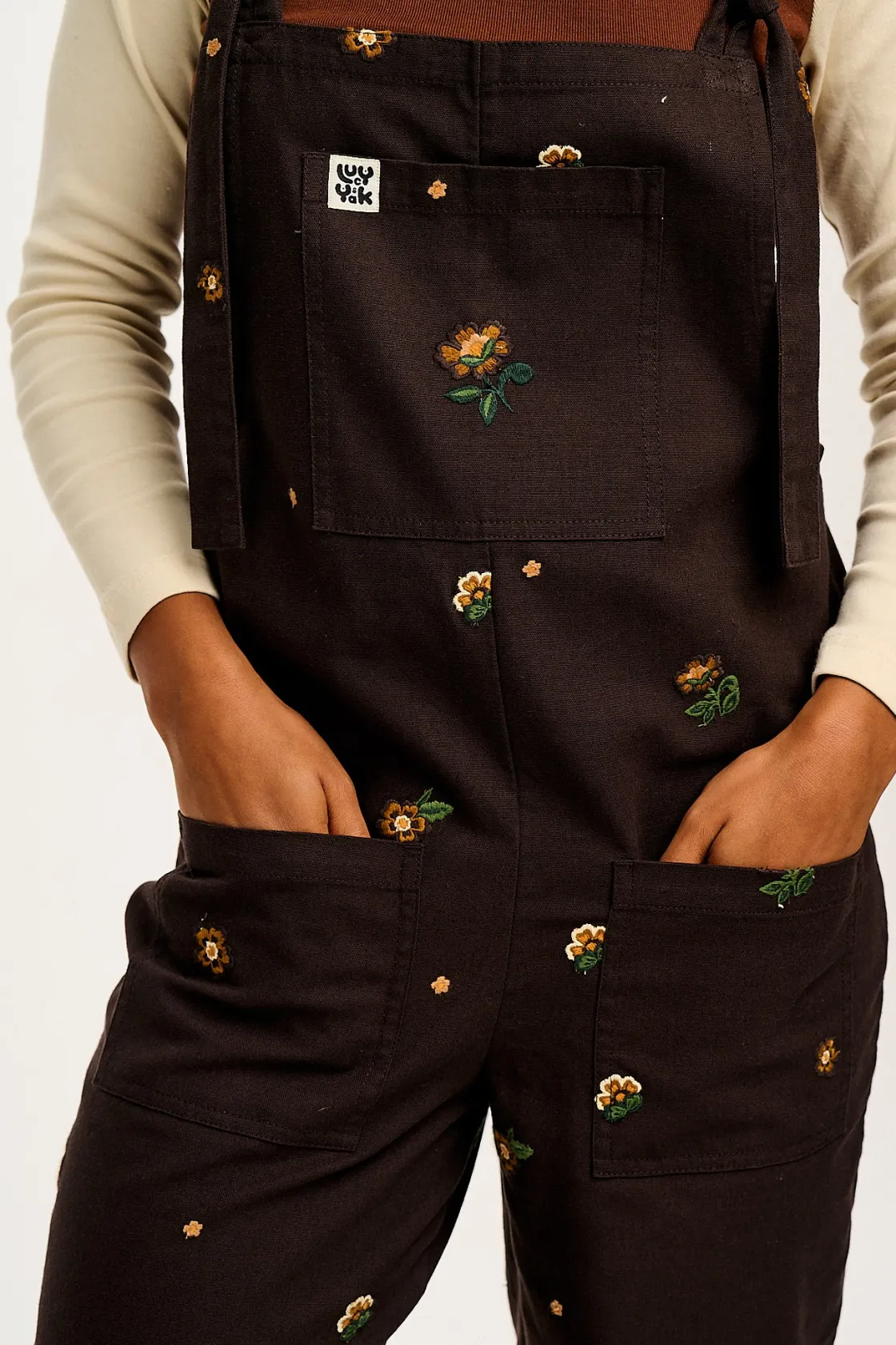Lucy & Yak Original - Cotton Dungarees in Brown with Clara Embroidery Hot