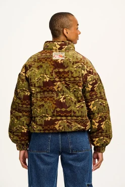 Lucy & Yak Paloma - Corduroy Puffer Jacket in Green & Brown Nevis Print Sale