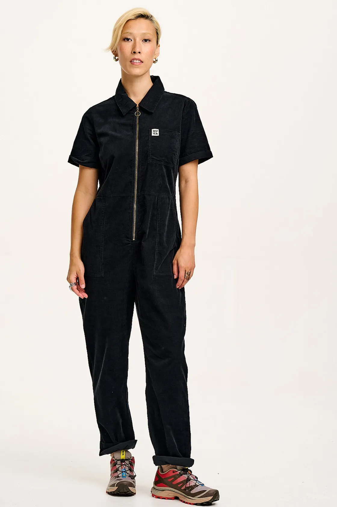 Lucy & Yak Rex - Short Sleeve Corduroy Jumpsuit in Black Clearance