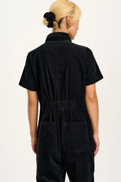 Lucy & Yak Rex - Short Sleeve Corduroy Jumpsuit in Black Clearance