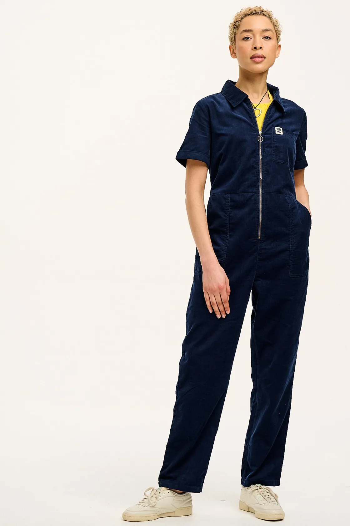 Lucy & Yak Rex - Short Sleeve Corduroy Jumpsuit in Navy Blue Outlet