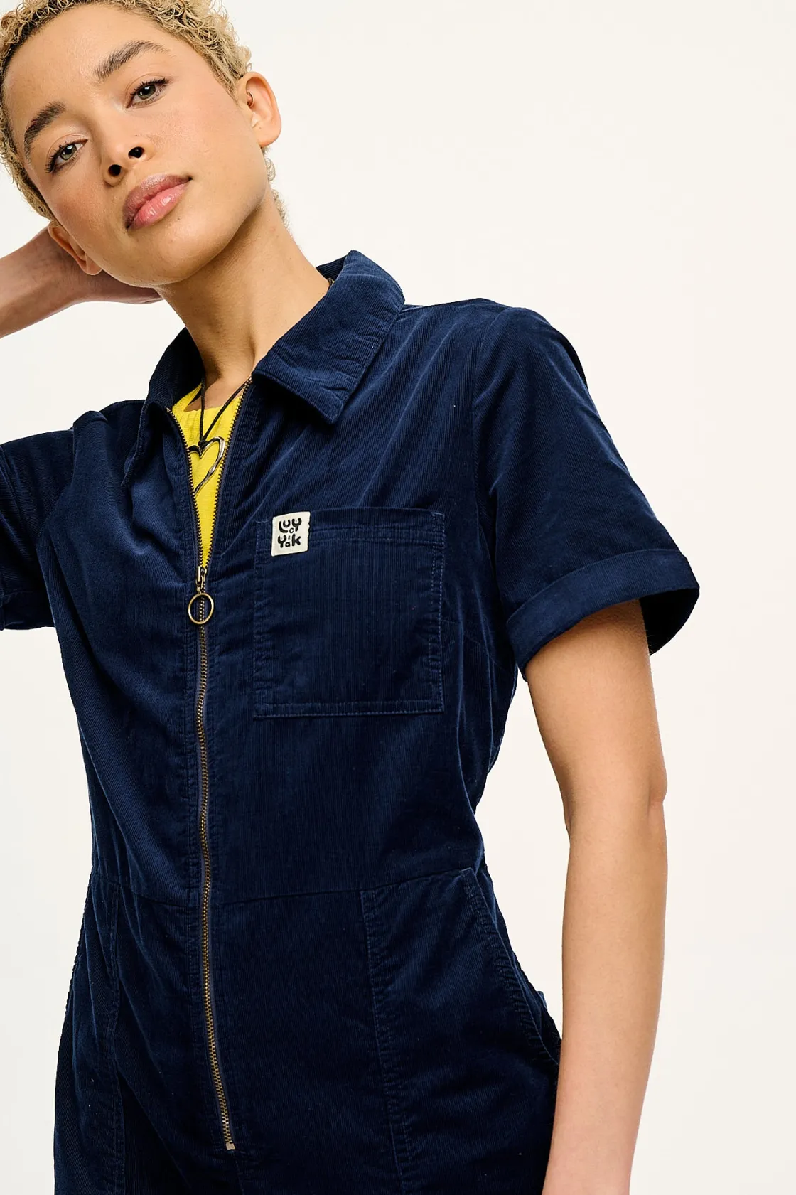 Lucy & Yak Rex - Short Sleeve Corduroy Jumpsuit in Navy Blue Outlet