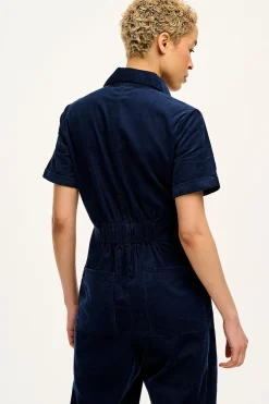 Lucy & Yak Rex - Short Sleeve Corduroy Jumpsuit in Navy Blue Outlet