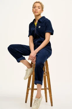 Lucy & Yak Rex - Short Sleeve Corduroy Jumpsuit in Navy Blue Outlet