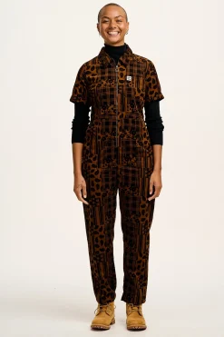 Lucy & Yak Rex - Short Sleeve Corduroy Jumpsuit in Brown Penny Patchwork Print Clearance