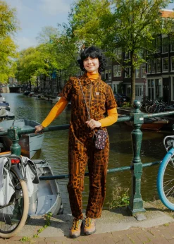 Lucy & Yak Rex - Short Sleeve Corduroy Jumpsuit in Brown Penny Patchwork Print Clearance