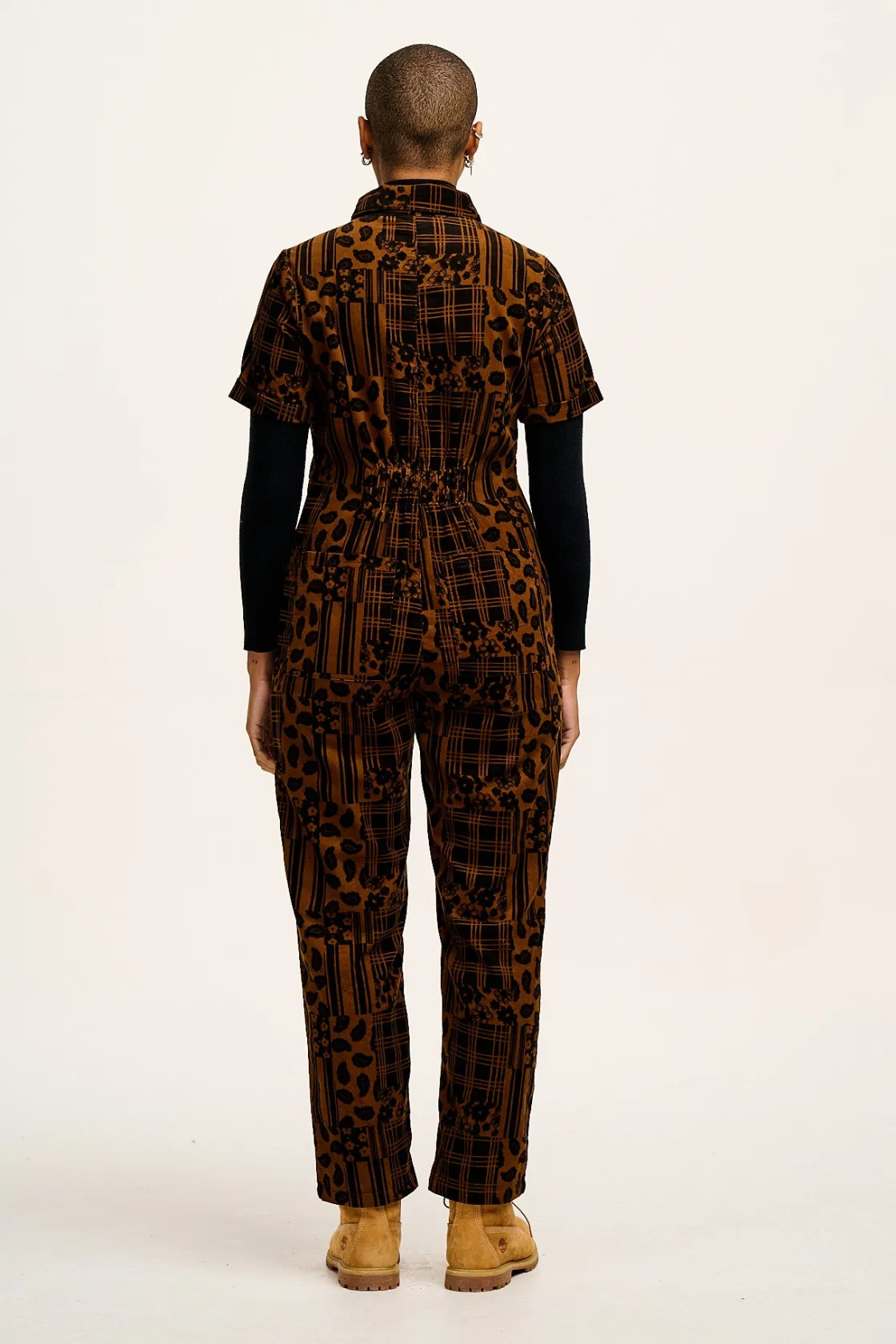 Lucy & Yak Rex - Short Sleeve Corduroy Jumpsuit in Brown Penny Patchwork Print Clearance