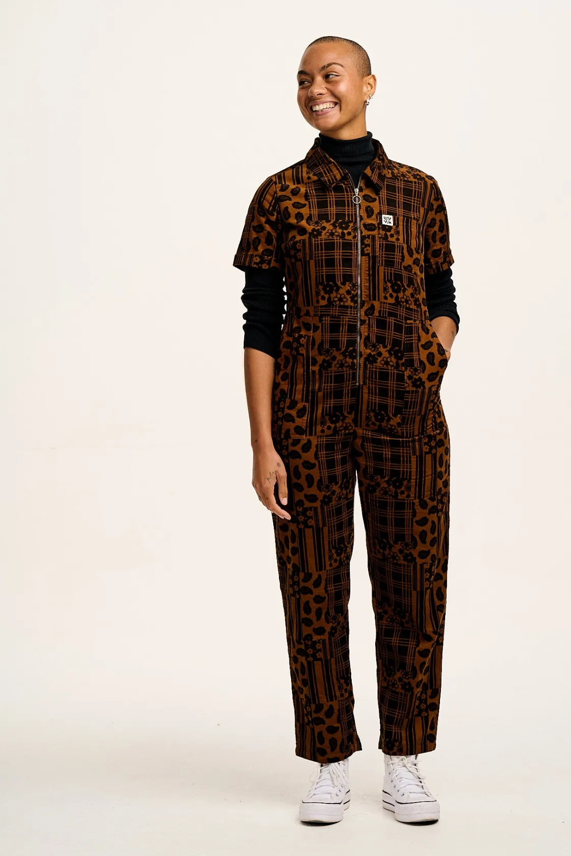 Lucy & Yak Rex - Short Sleeve Corduroy Jumpsuit in Brown Penny Patchwork Print Clearance