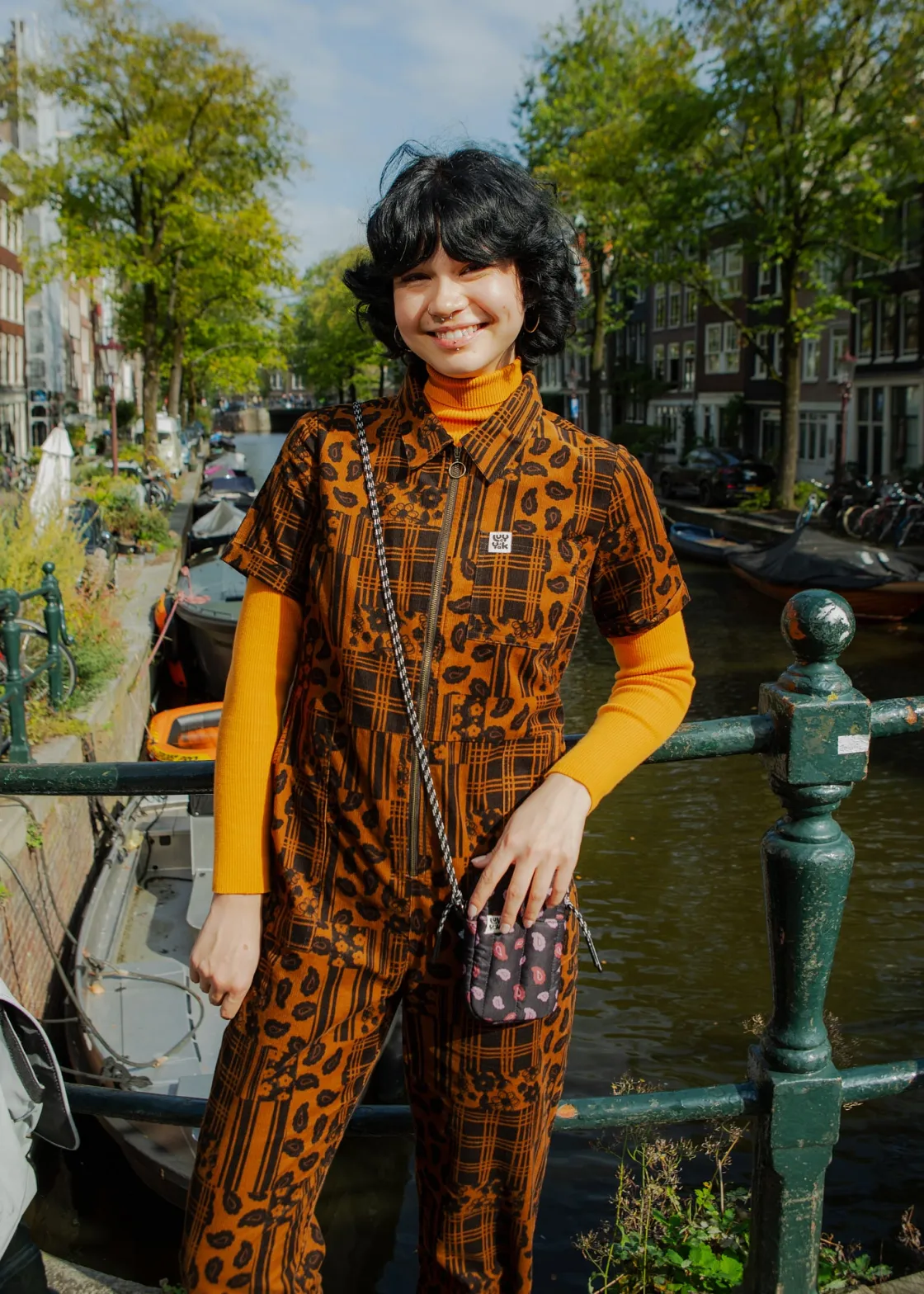 Lucy & Yak Rex - Short Sleeve Corduroy Jumpsuit in Brown Penny Patchwork Print Clearance