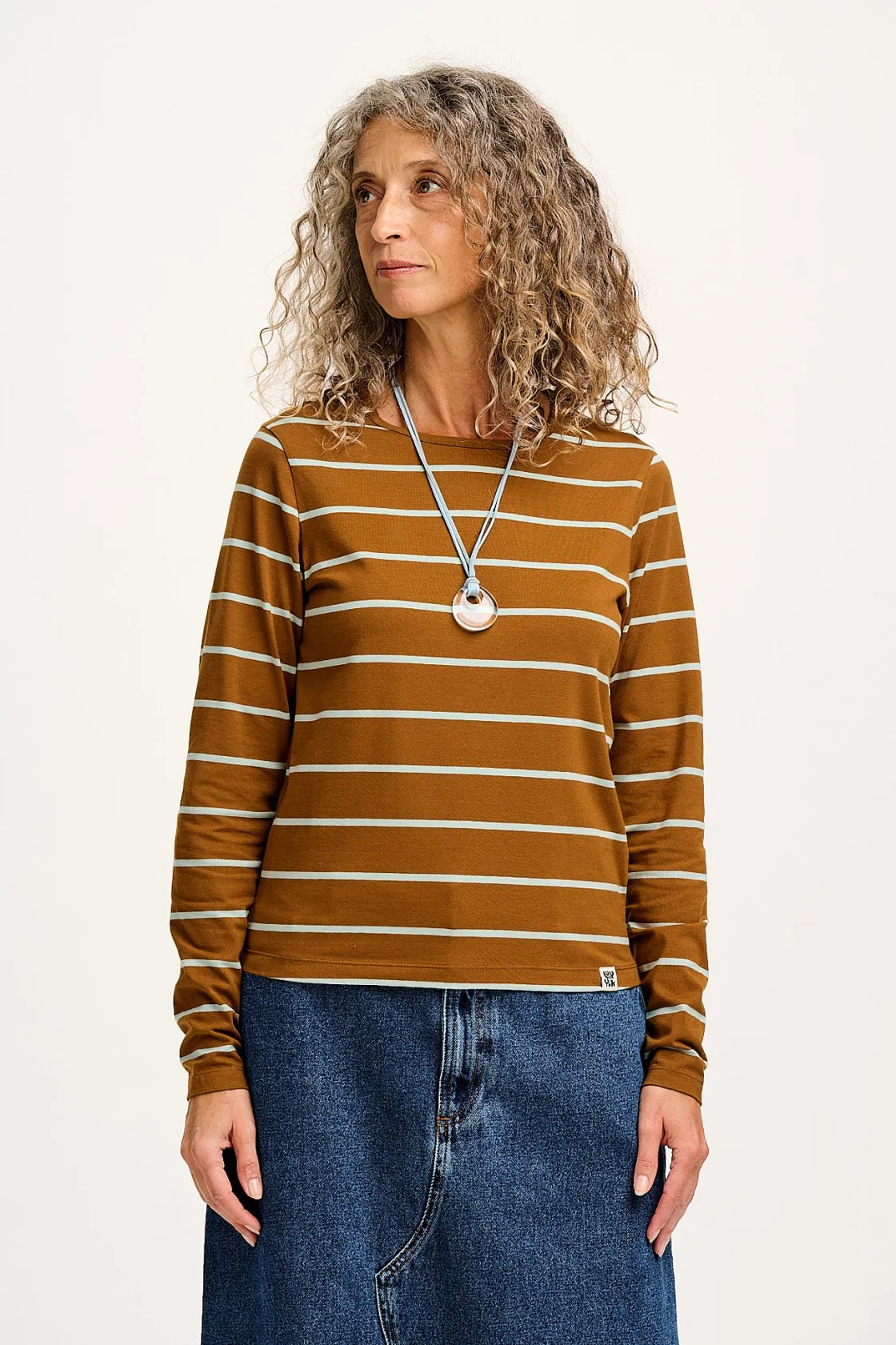 Lucy & Yak Rey - Long Sleeve Cotton Top in Caramel Stripe Fashion