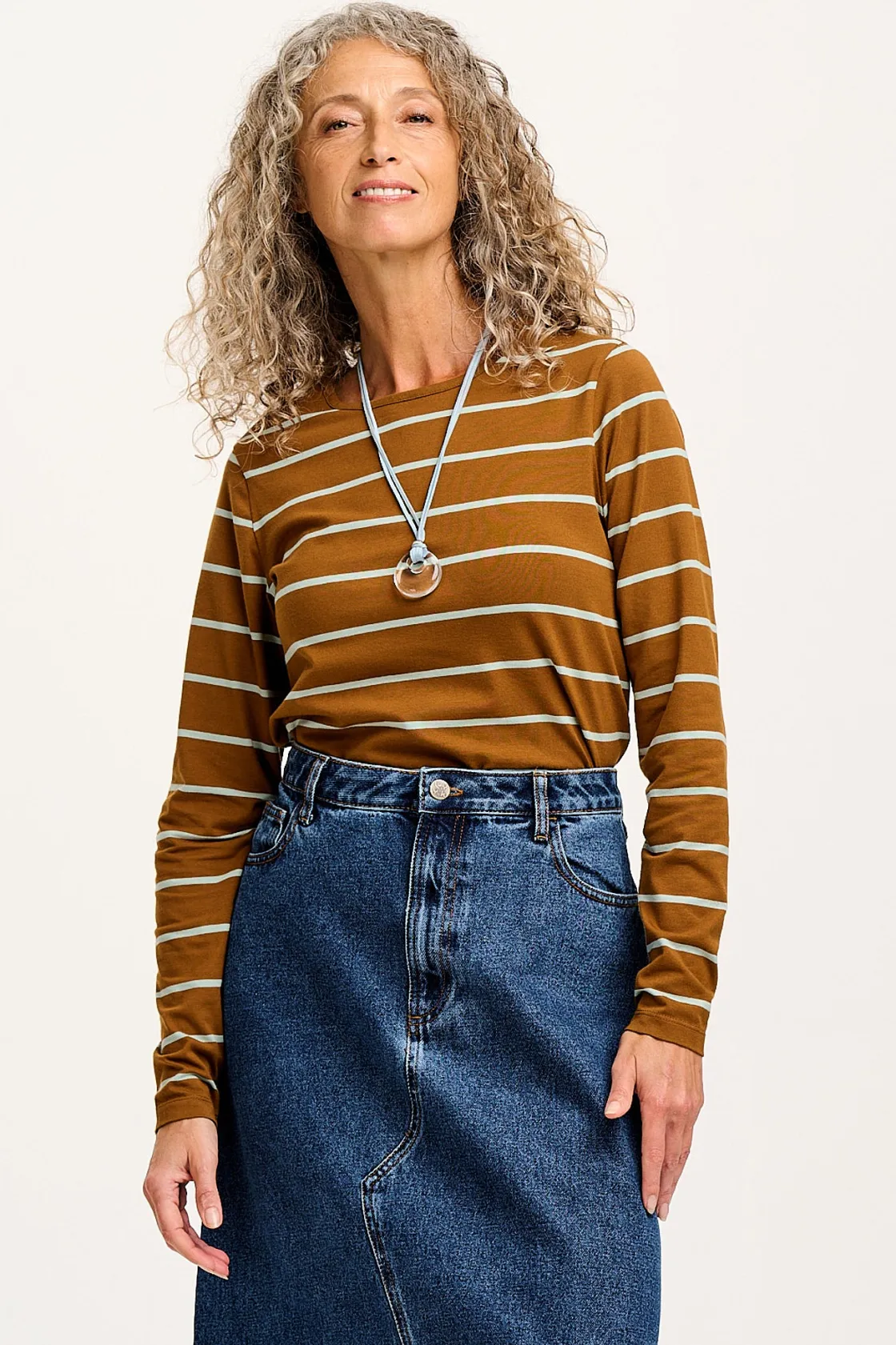 Lucy & Yak Rey - Long Sleeve Cotton Top in Caramel Stripe Fashion