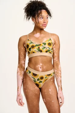 Lucy & Yak Ruby - Crop Top Cotton & Bamboo Bralette in Cream Sunflower Print New
