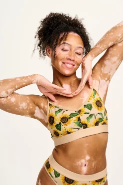 Lucy & Yak Ruby - Crop Top Cotton & Bamboo Bralette in Cream Sunflower Print New