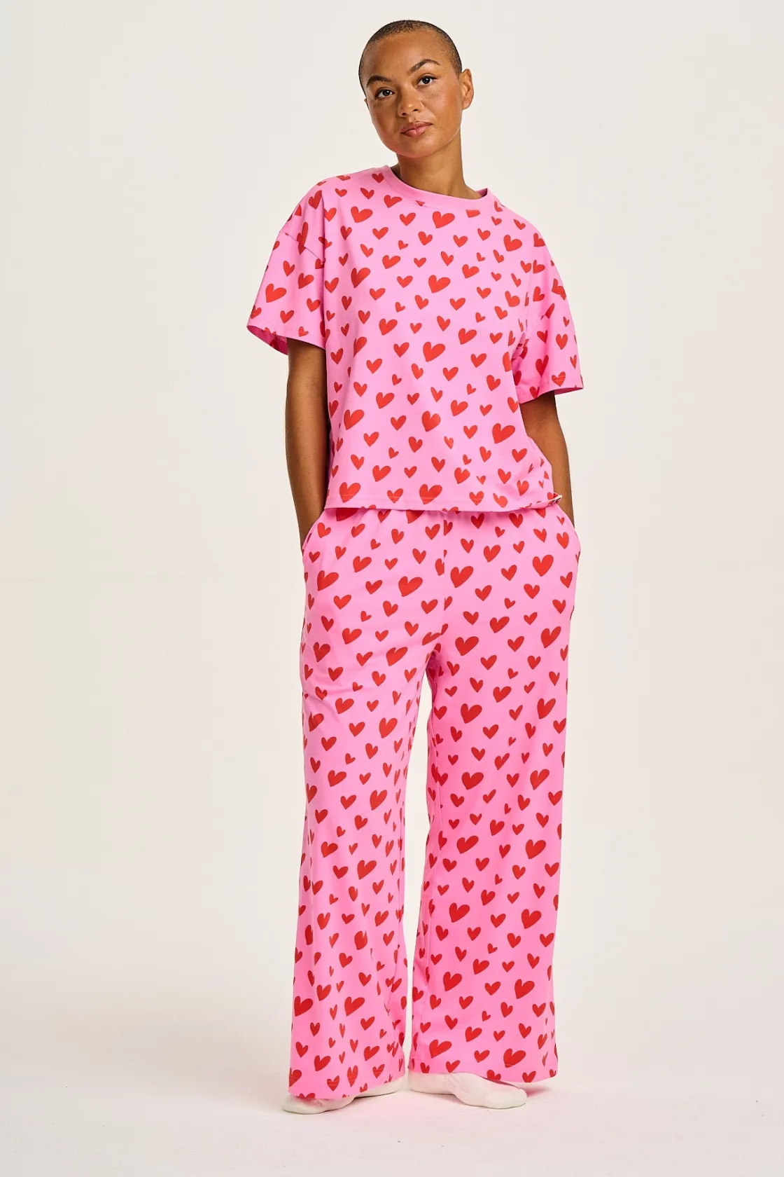 Lucy & Yak Sabrina - Soft Pyjamas in Pink Heart Cupid Print Clearance