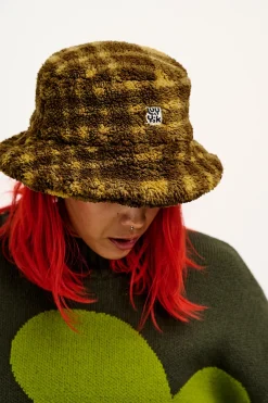 Lucy & Yak Travis - Borg Fleece Bucket Hat in Brown Cher Check Print Sale